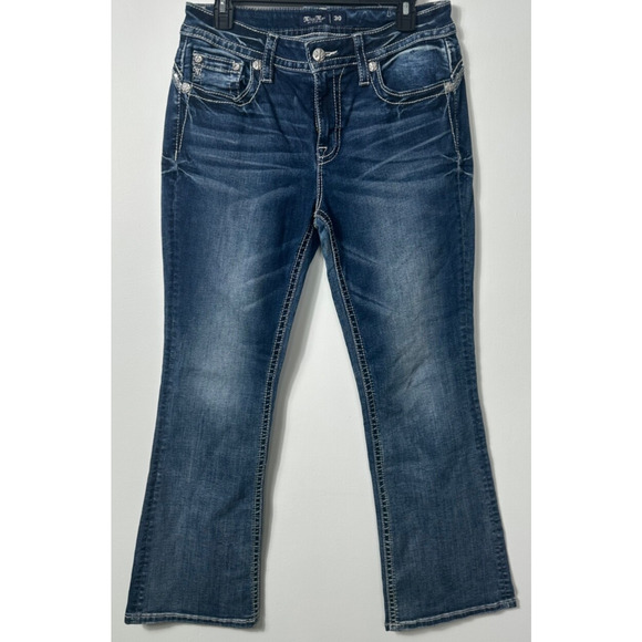 Miss Me Mid-Rise Boot cut jeans 30 silver & black cross pockets Embellished B15 - Picture 4 of 8